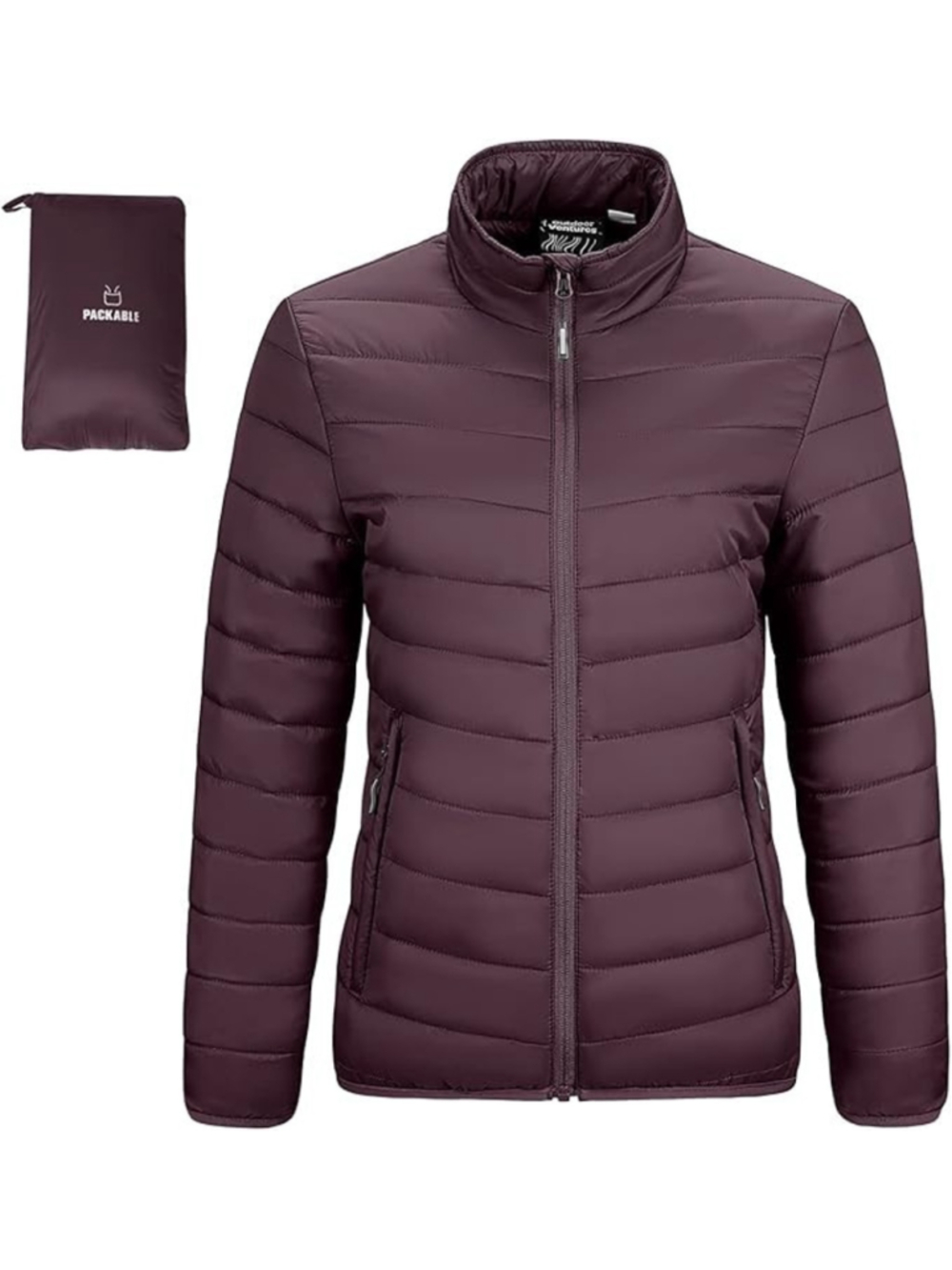 Outdoor Ventures Women's Packable Full-Zip Puffer Jacket EggPlant Color Size L